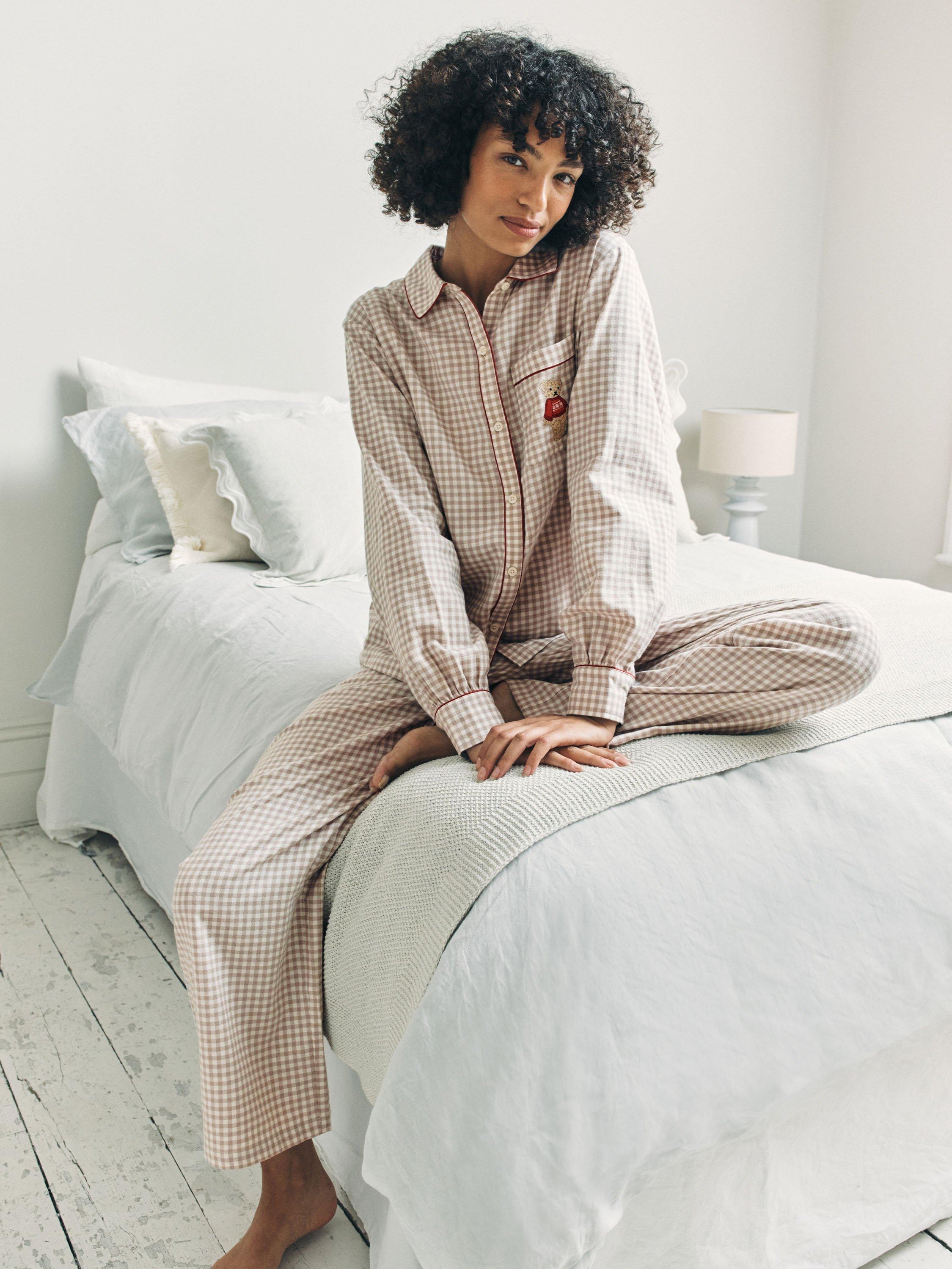 Product image 3 of 7, which shows Chelsea Peers Gingham Cockapoo Button Through Long Pyjama Set, Beige, 10