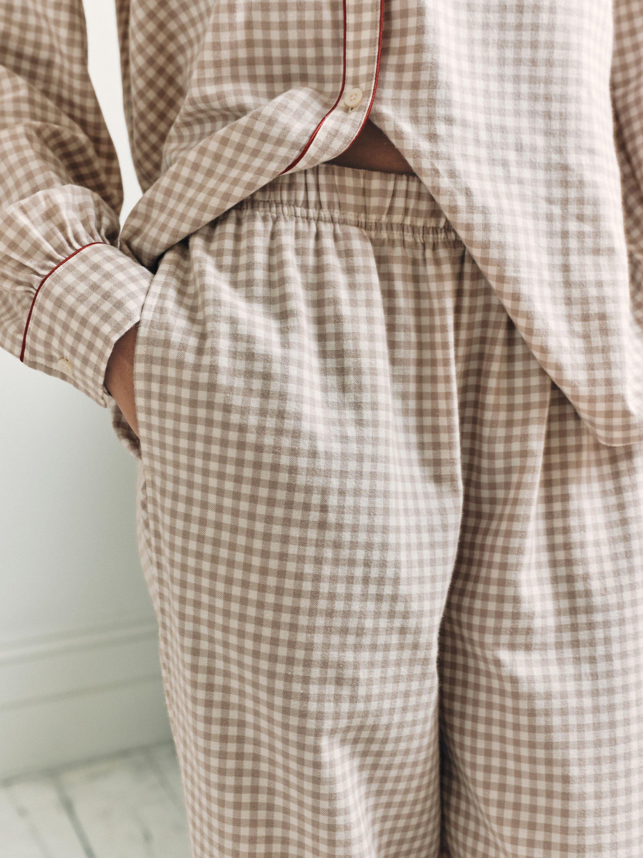 Product image 4 of 7, which shows Chelsea Peers Gingham Cockapoo Button Through Long Pyjama Set, Beige, 10