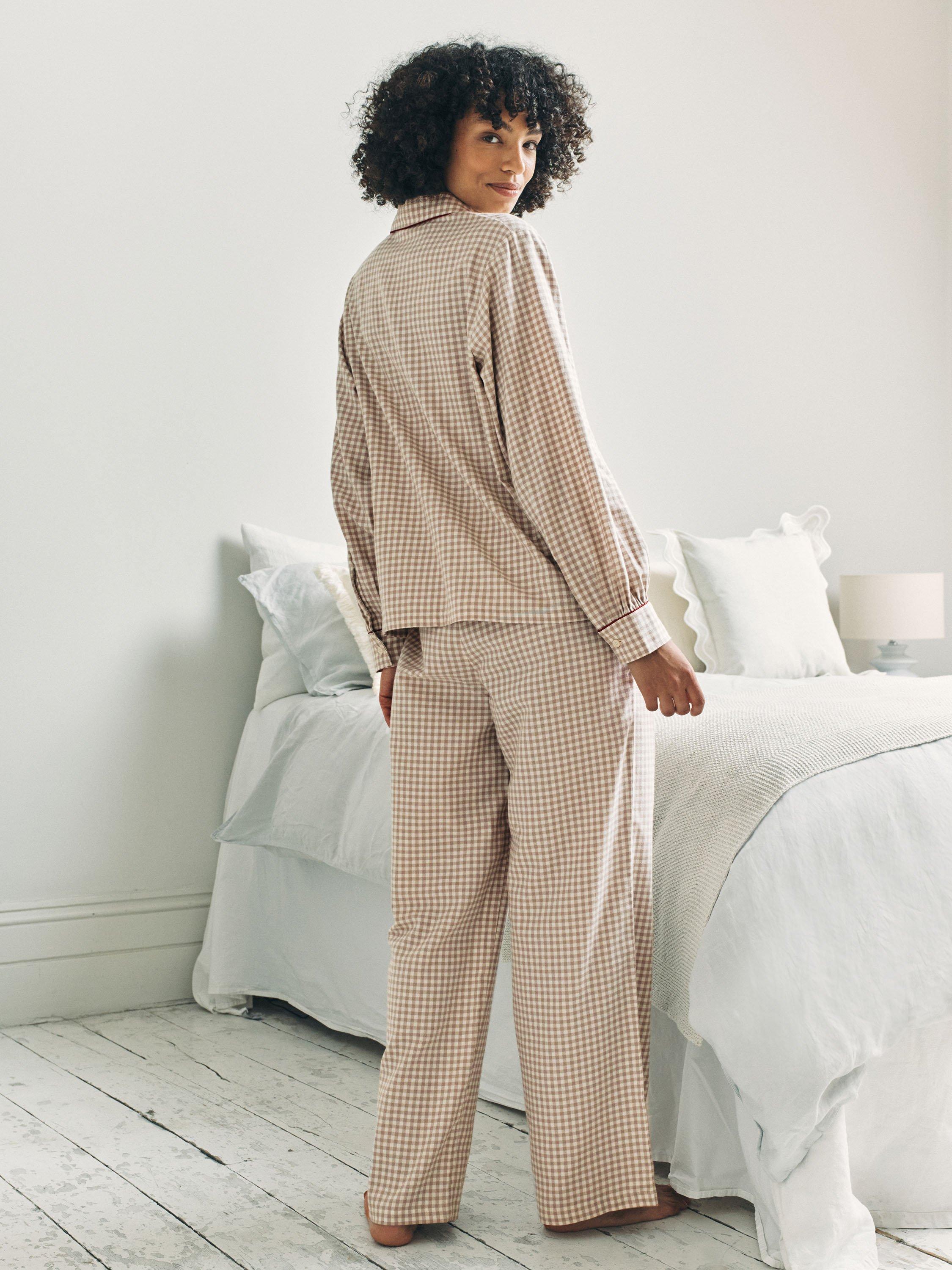 Product image 5 of 7, which shows Chelsea Peers Gingham Cockapoo Button Through Long Pyjama Set, Beige, 10