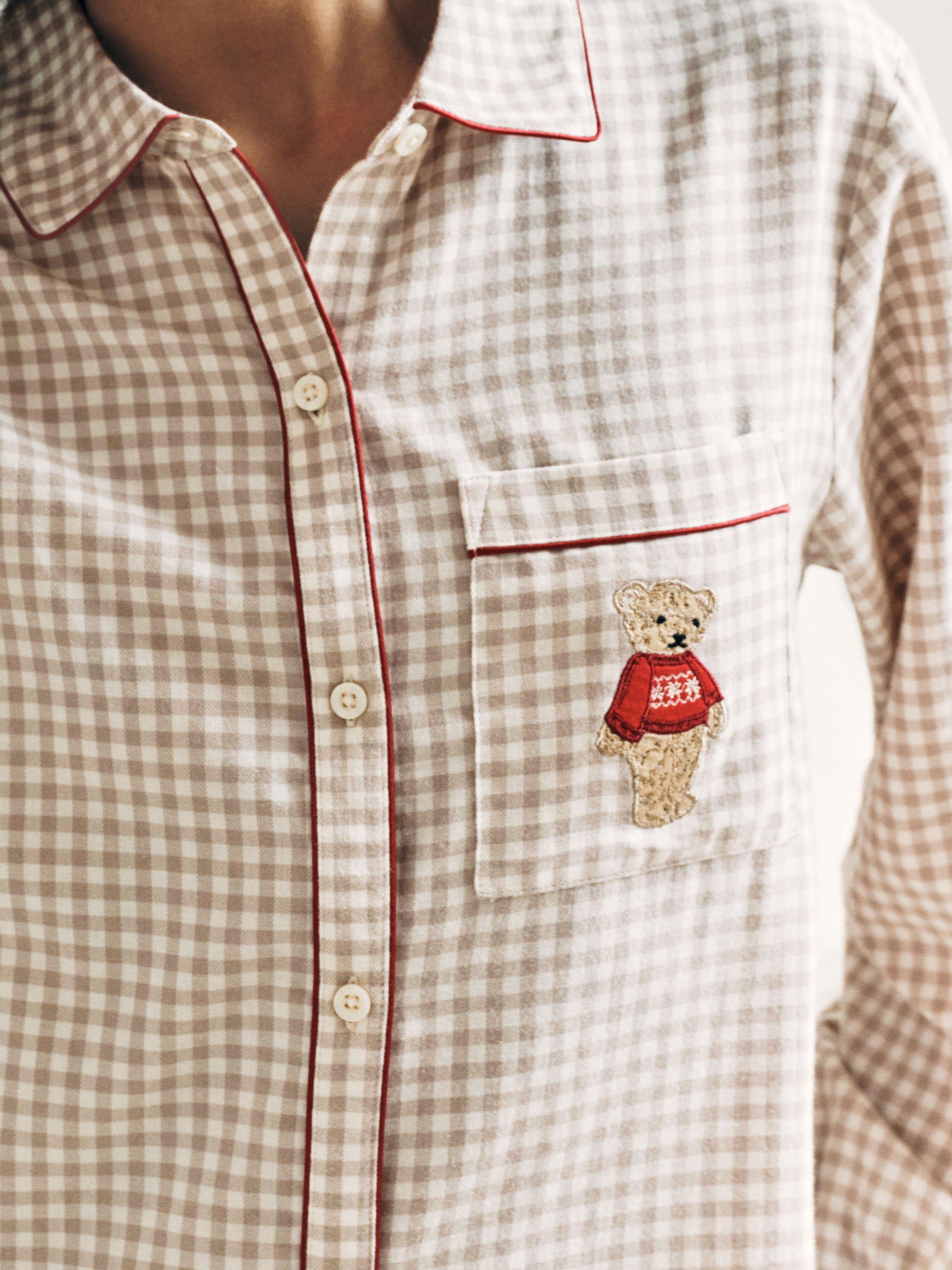Product image 6 of 7, which shows Chelsea Peers Gingham Cockapoo Button Through Long Pyjama Set, Beige, 10