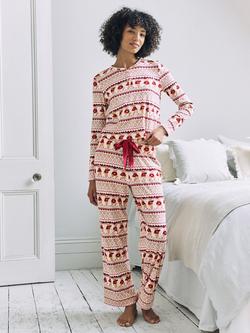 Chelsea Peers Christmas Bear Henley Long Pyjama Set, Off White, Off White