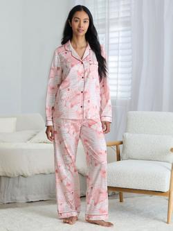 Chelsea Peers Christmas Letters Satin Button Through Long Pyjama Set, Pink, Pink