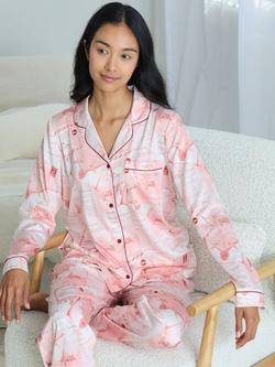 Chelsea Peers Christmas Letters Satin Button Through Long Pyjama Set, Pink - view 2, Pink