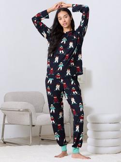 Chelsea Peers Skiing Dogs Long Pyjama Set, Navy, Navy