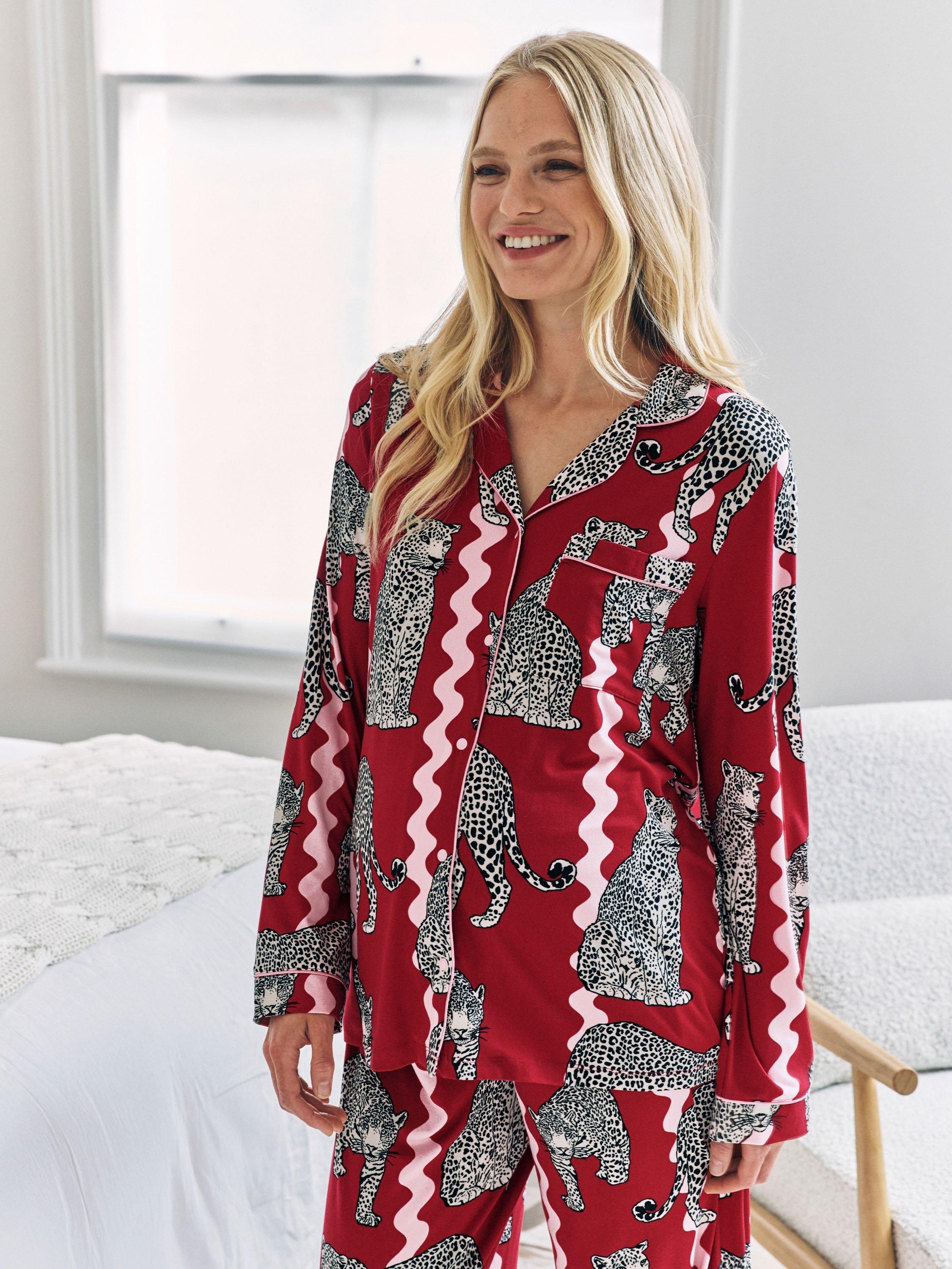 Product image 2 of 6, which shows Chelsea Peers Snow Leopard Long Maternity Pyjama Set, Red, 10