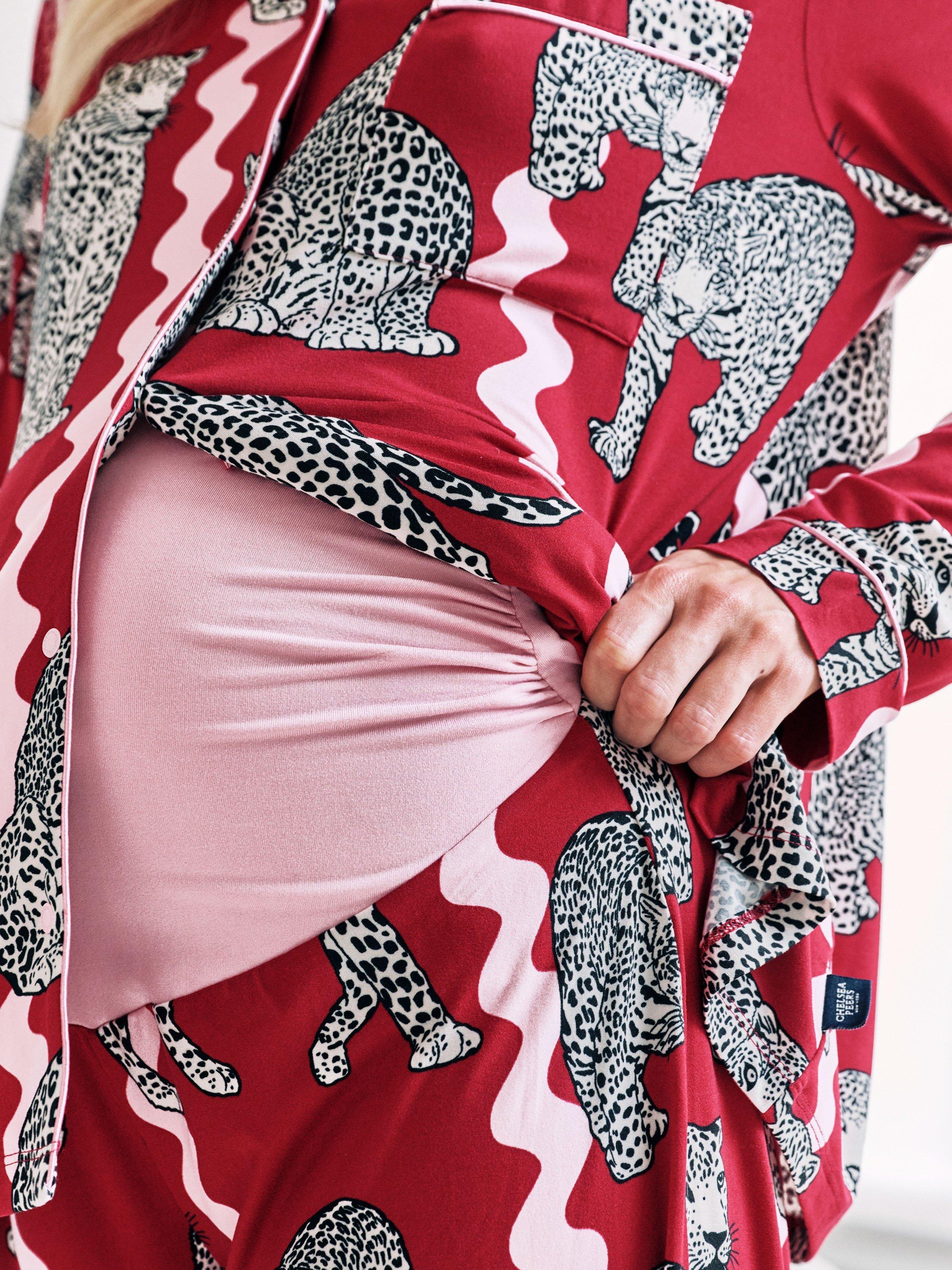 Product image 3 of 6, which shows Chelsea Peers Snow Leopard Long Maternity Pyjama Set, Red, 10