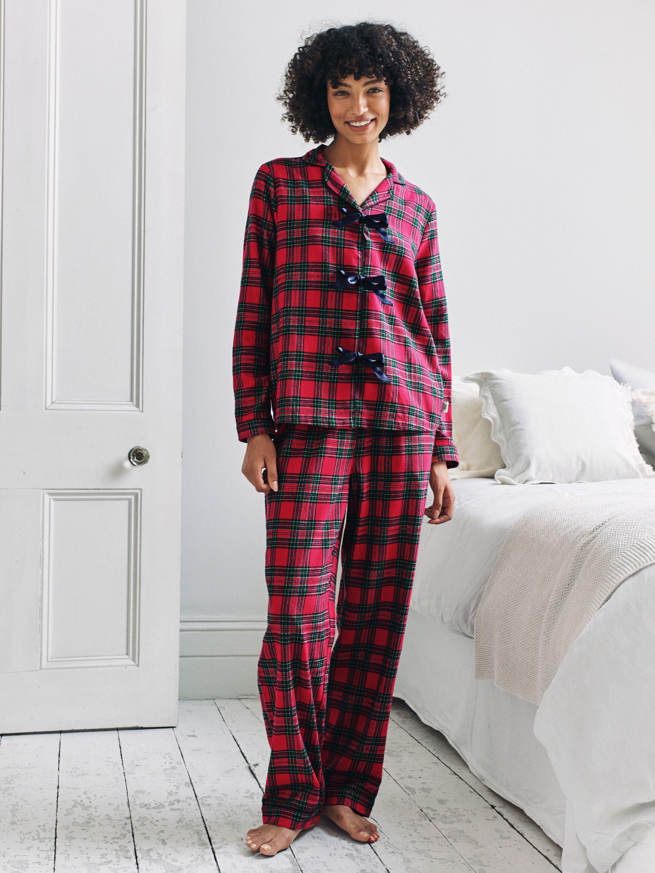 Product image 1 of 7, which shows Chelsea Peers Tartan Tie Front Long Pyjama Set, Red, 18