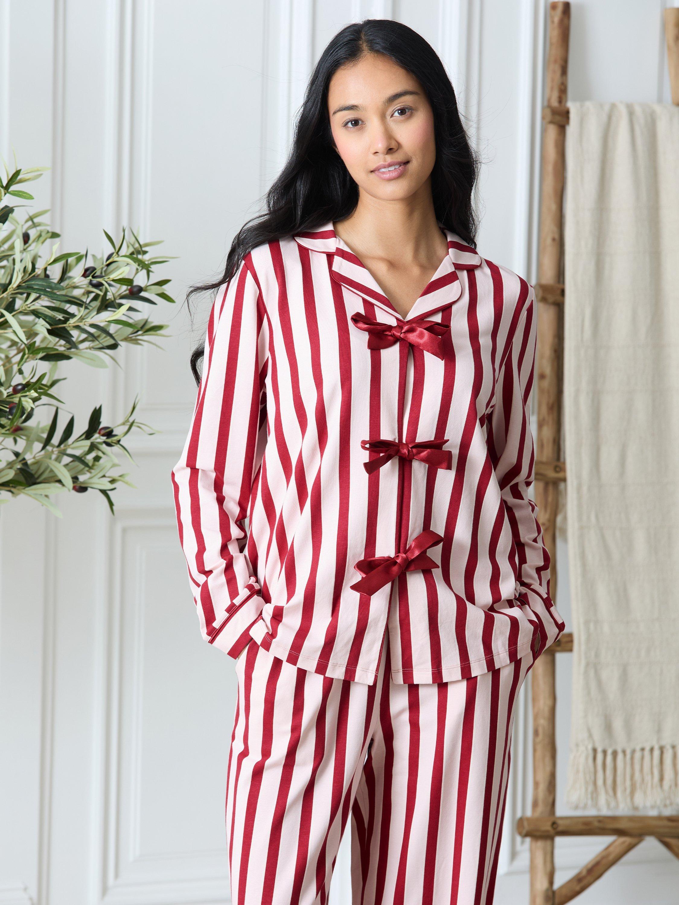 Product image 3 of 6, which shows Chelsea Peers Stripe Tie Front Long Pyjama Set, Pink, 10