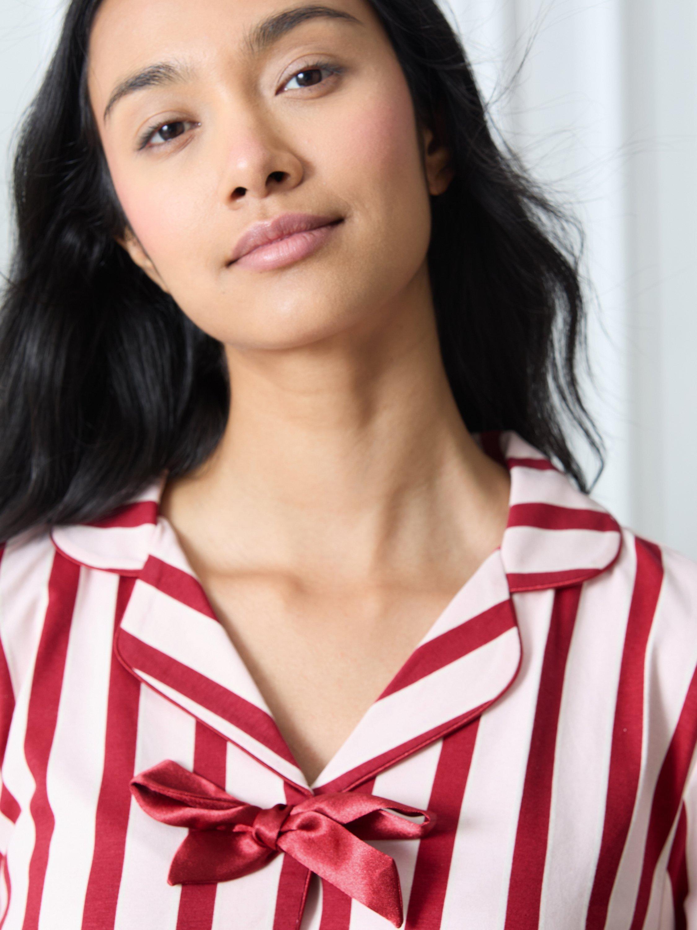 Product image 4 of 6, which shows Chelsea Peers Stripe Tie Front Long Pyjama Set, Pink, 10