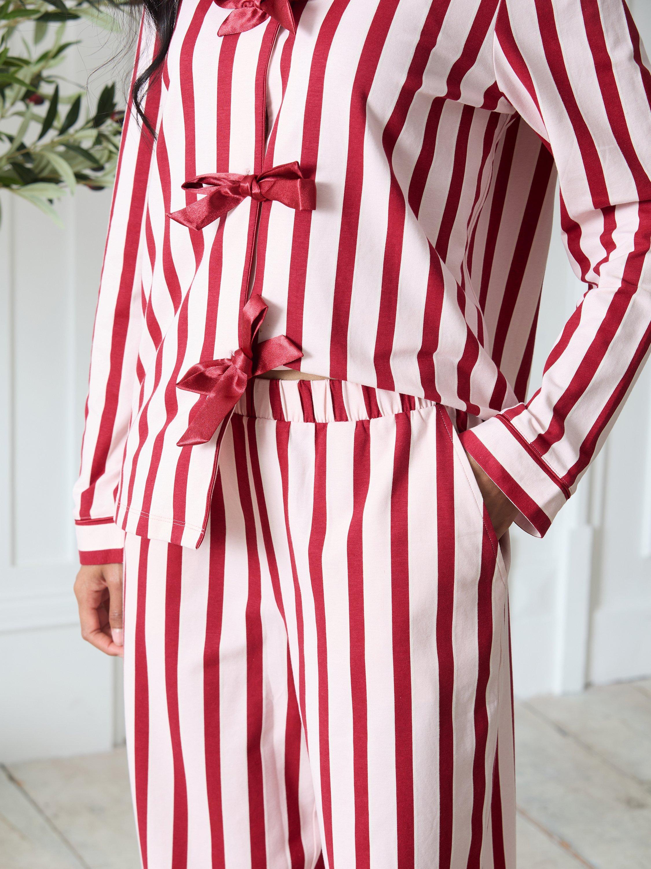Product image 5 of 6, which shows Chelsea Peers Stripe Tie Front Long Pyjama Set, Pink, 10