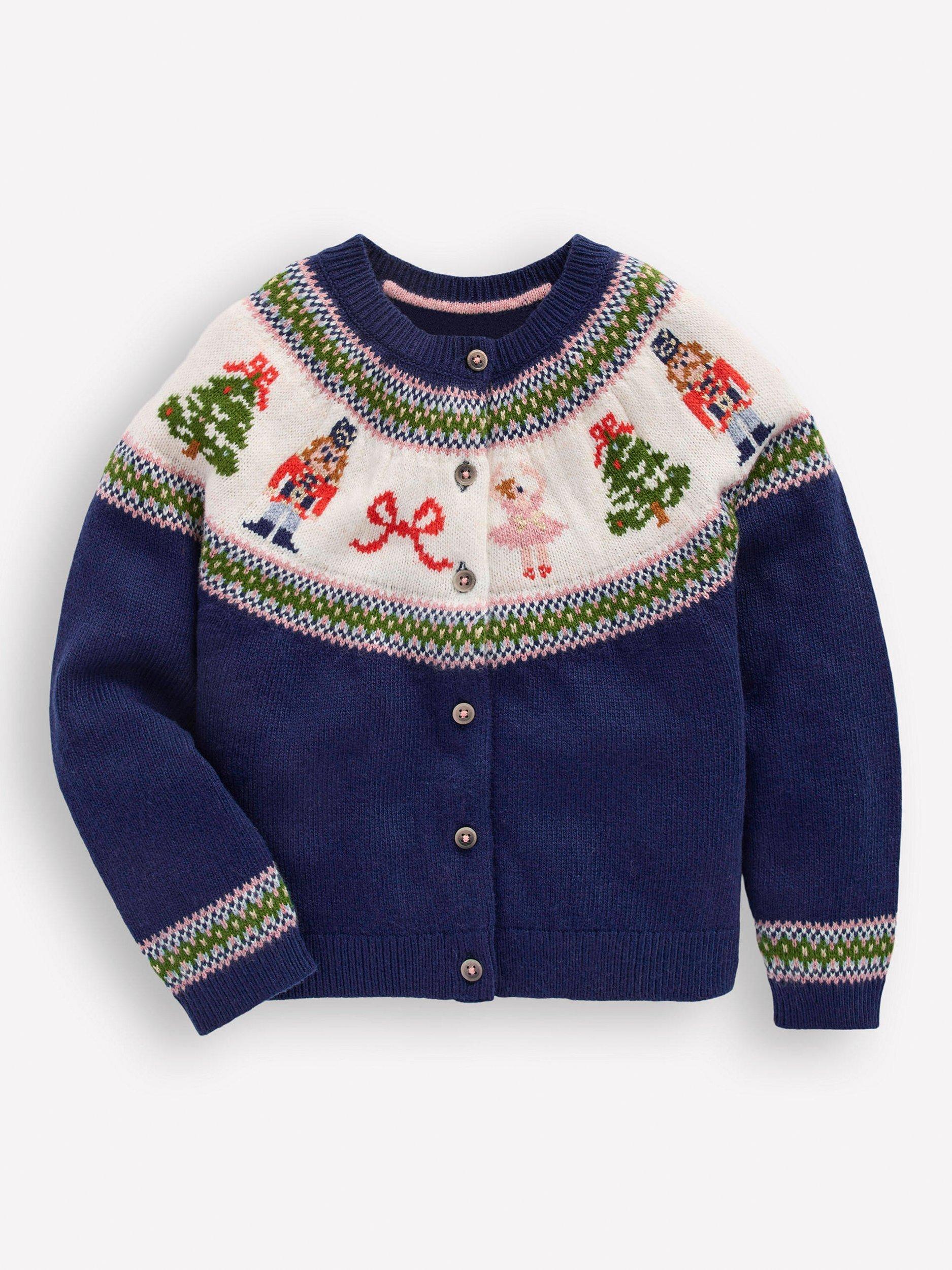 Product image 1 of 3, which shows Mini Boden Kids' Edie Knitted Cardigan, Blue Nutcracker, 5-6 years