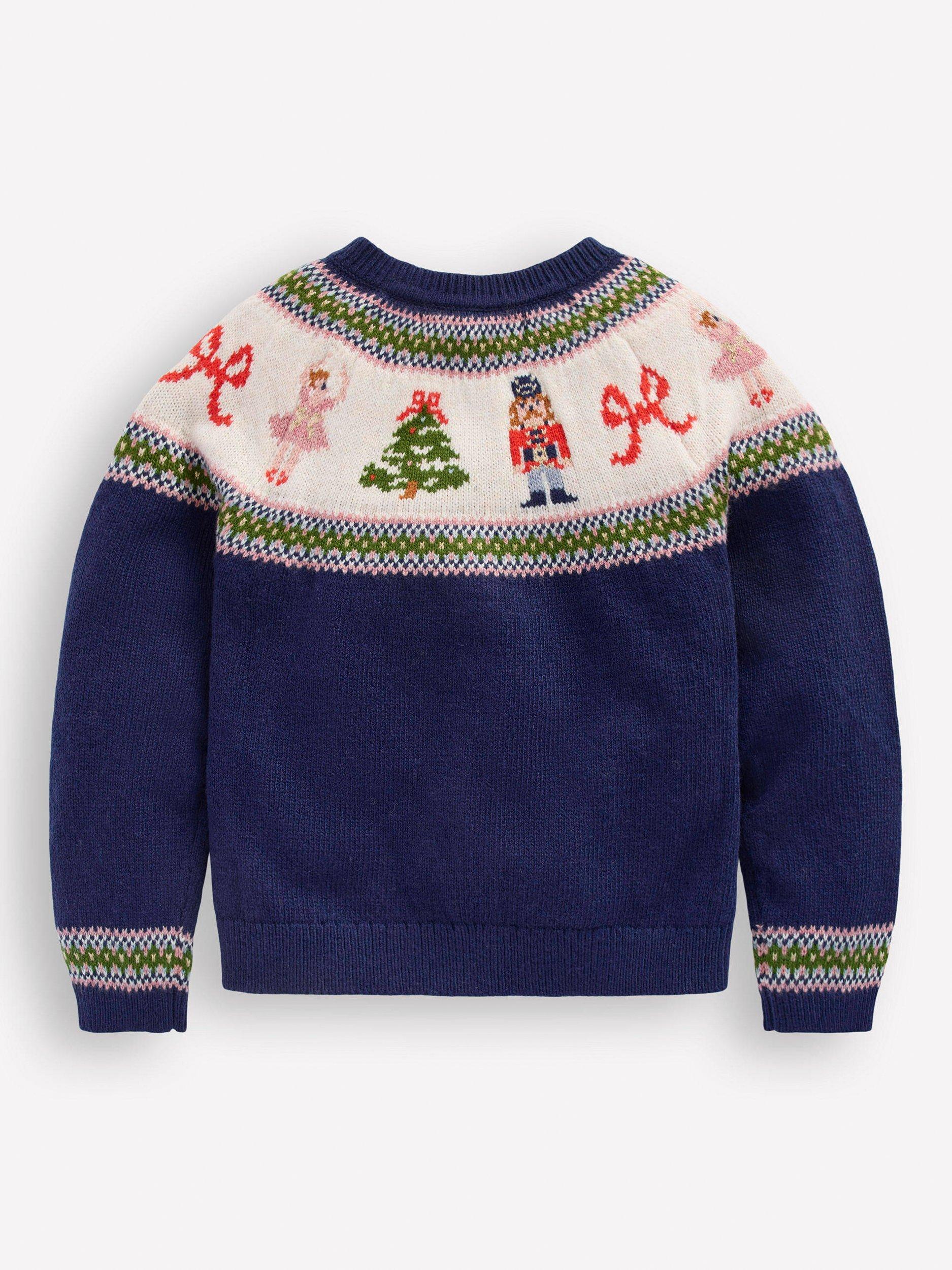 Product image 2 of 3, which shows Mini Boden Kids' Edie Knitted Cardigan, Blue Nutcracker, 5-6 years
