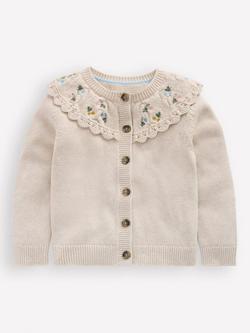 Mini Boden Kids' Cotton Embroidered Yoke Cardigan, Oatmeal Marl, Oatmeal Marl