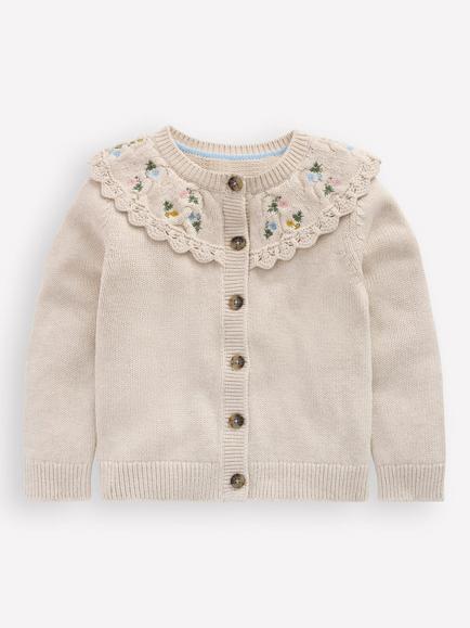 Mini Boden Kids' Cotton Embroidered Yoke Cardigan, Oatmeal Marl, Oatmeal Marl