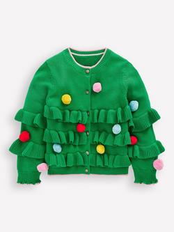 Mini Boden Kids' Cotton Festive Pom Pom Cardigan, Green Christmas Tree, Green Christmas Tree