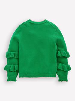 Mini Boden Kids' Cotton Festive Pom Pom Cardigan, Green Christmas Tree - view 2, Green Christmas Tree