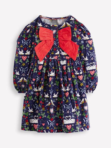Mini Boden Kids' Cotton Oversized Bow Button Through Dress, Blue Love Birds, Blue Love Birds