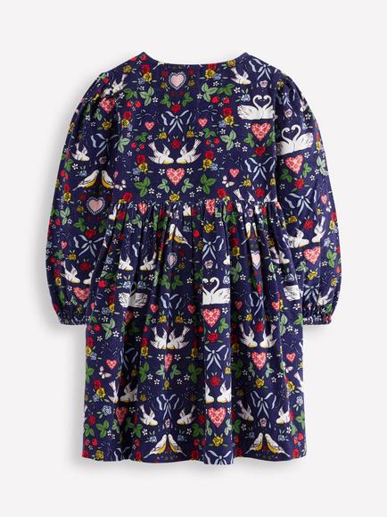 Mini Boden Kids' Cotton Oversized Bow Button Through Dress, Blue Love Birds - view 2, Blue Love Birds