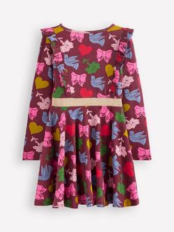 Mini Boden Kids' Cora Cotton Long Sleeved Printed Dress, Chestnut Festive Fun - view 2, Chestnut Festive Fun