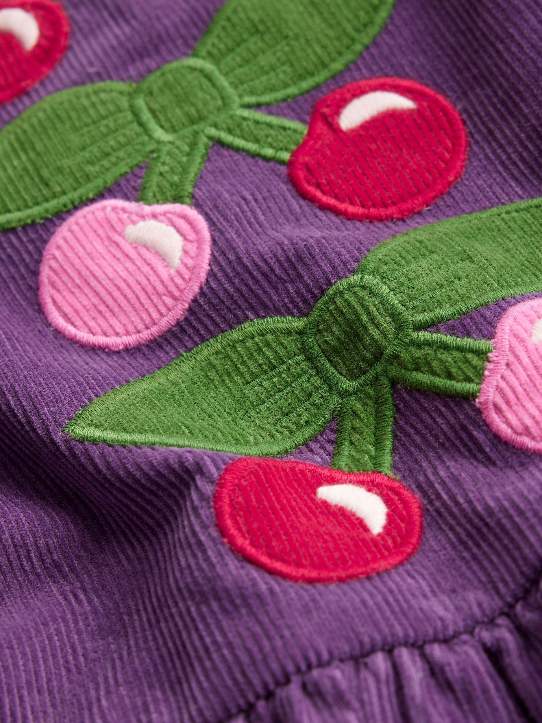 Mini Boden Kids' Corduroy Embroidery Dress, Purple Cherries