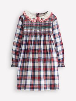 Mini Boden Kids' Cotton Long Sleeved Smocked Dress, Ivory Check, Ivory Check