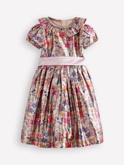 Mini Boden Kids' Short Sleeved Fit and Flare Dress, Metallic Floral, Metallic Floral