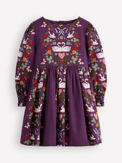 Mini Boden Kids' Madeline Cotton Long Sleeve Dress, Purple Lovebirds, Purple Lovebirds