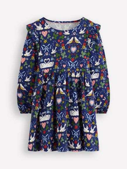 Mini Boden Kids' Posie Cotton Long Sleeve Dress, Blue Lovebirds, Blue Lovebirds