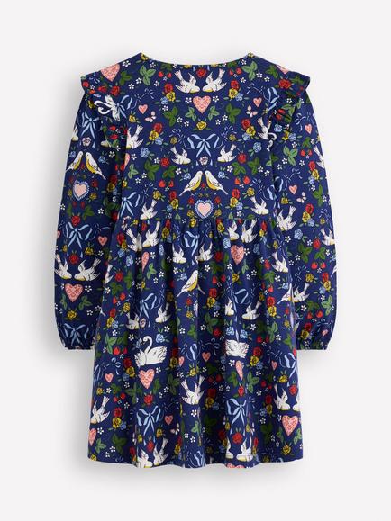 Mini Boden Kids' Posie Cotton Long Sleeve Dress, Blue Lovebirds - view 2, Blue Lovebirds