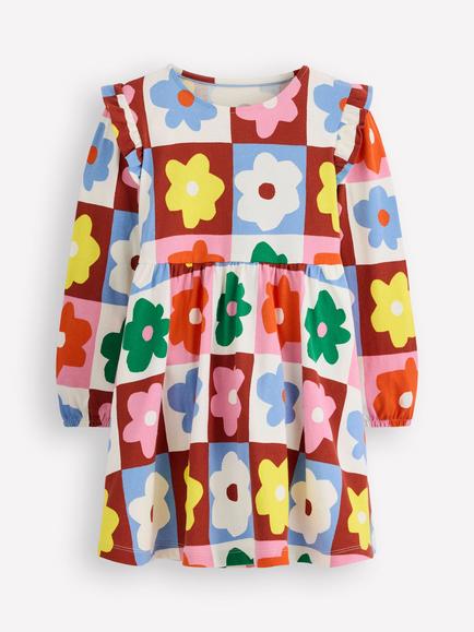 Mini Boden Kids' Posie Cotton Long Sleeve Dress, Multi Flower Check, Multi Flower Check