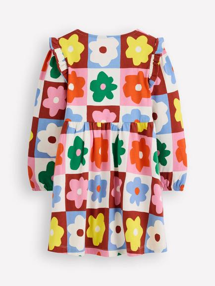 Mini Boden Kids' Posie Cotton Long Sleeve Dress, Multi Flower Check - view 2, Multi Flower Check