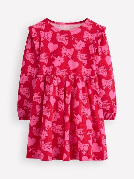 Mini Boden Kids' Posie Cotton Long Sleeve Dress, Red Festive Fun, Red Festive Fun
