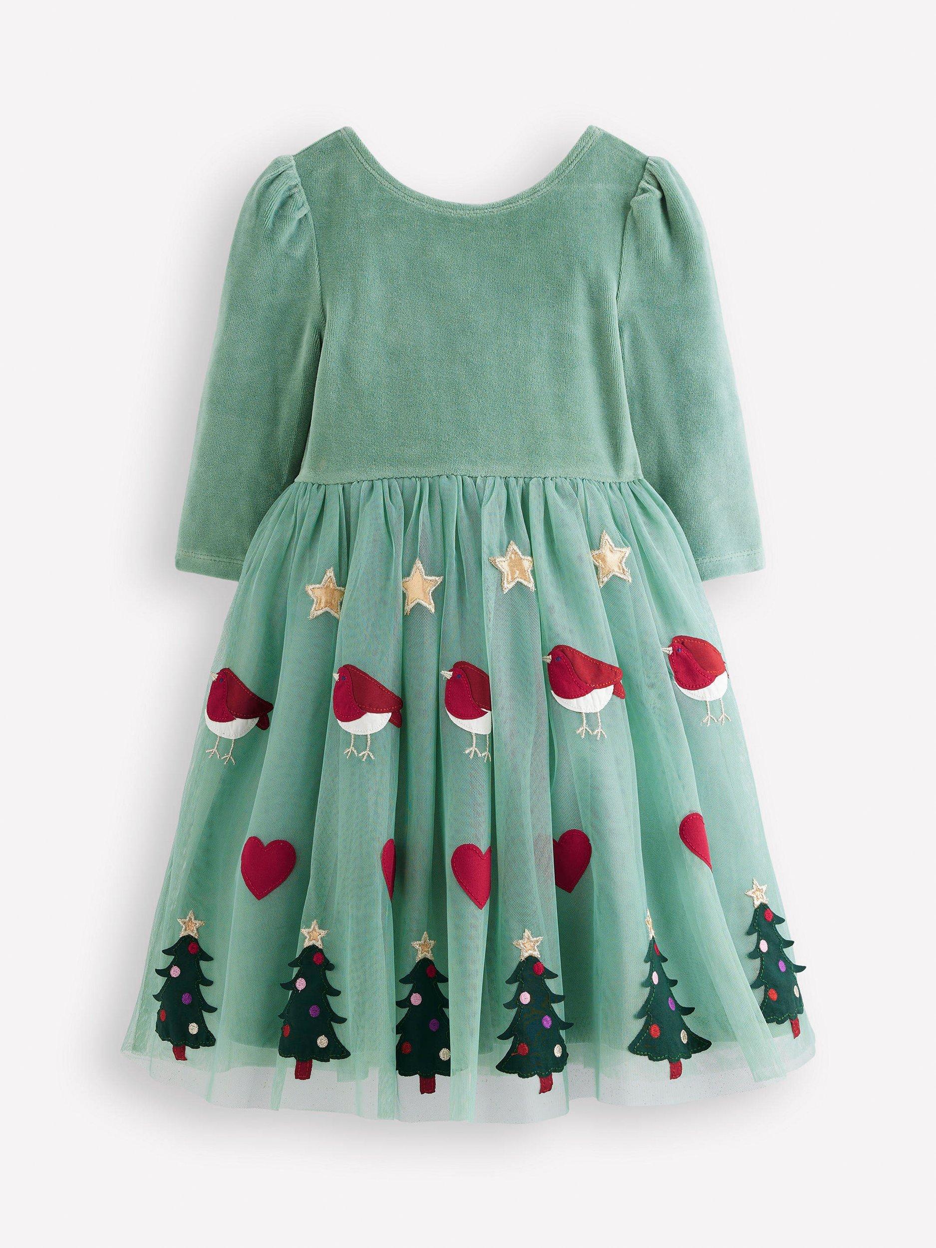 Mini Boden Kids' Velour Twirly Tulle Party Dress, Robin Motif
