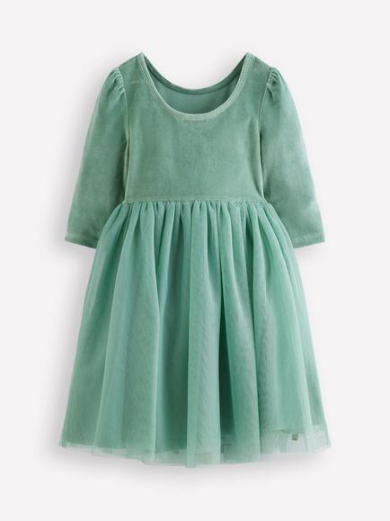 Mini Boden Kids' Velour Twirly Tulle Party Dress, Robin Motif - view 2, Robin Motif