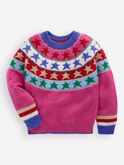 Mini Boden Kids' Eleanor Fair Isle Jumper, Pink Sparkle Stars, Pink Sparkle Stars
