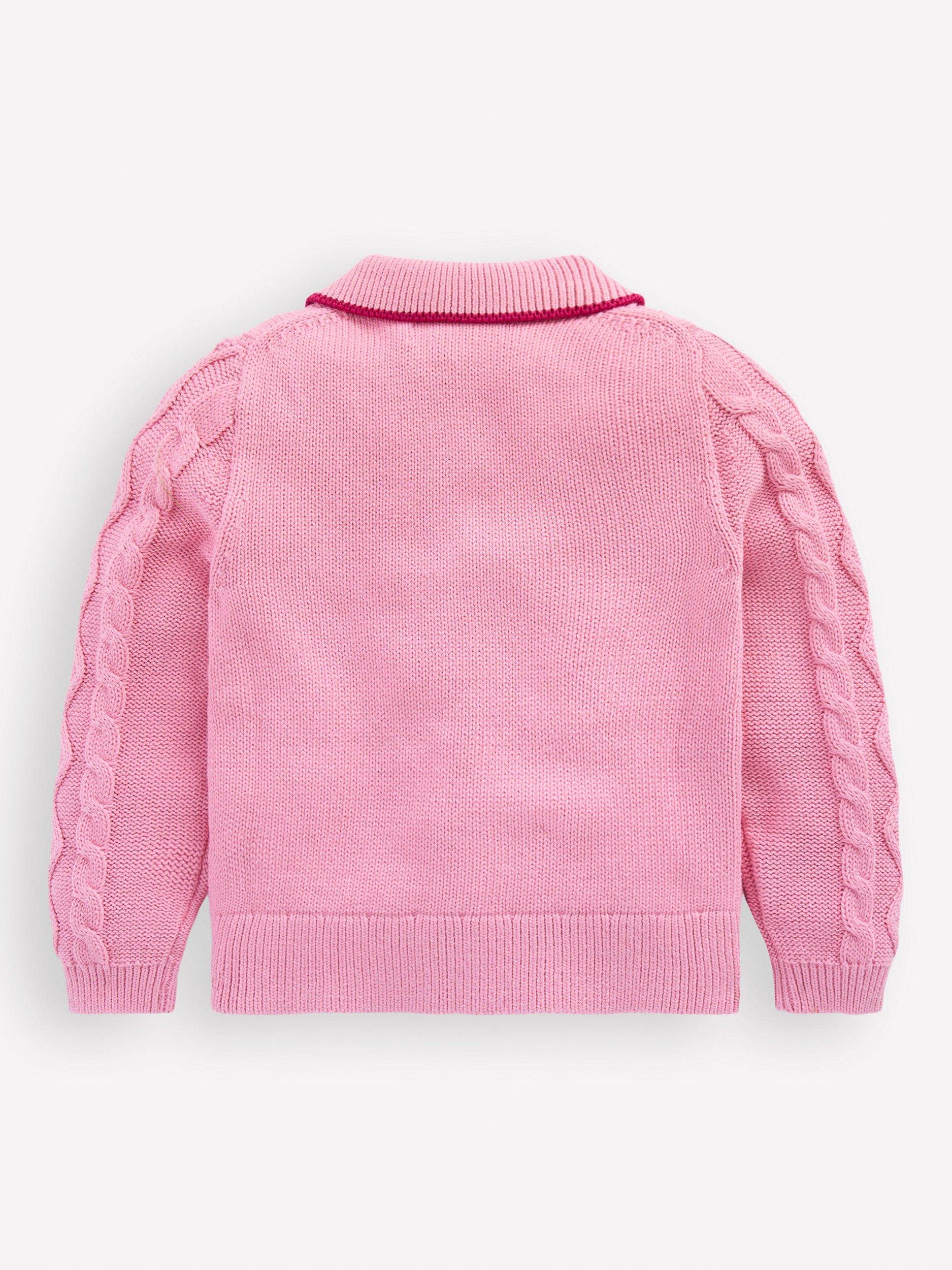 Product image 2 of 3, which shows Mini Boden Kids' Cotton Cable Knit Jacket, Formica Pink, 7-8 years