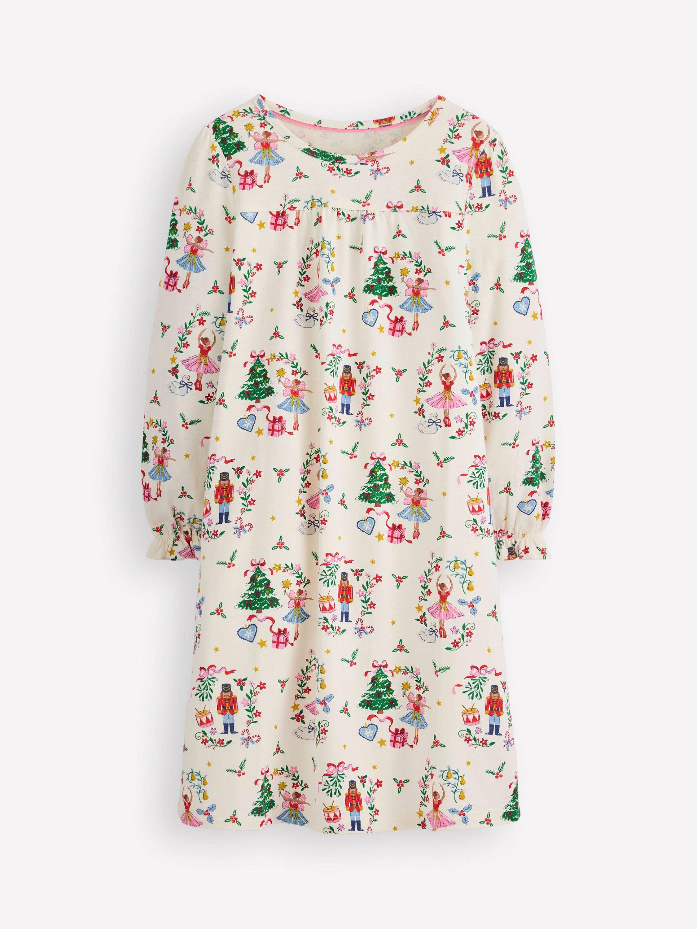 Product image 1 of 3, which shows Mini Boden Kids' Printed Long Sleeve Nightdress, Ivory Nutcracker, 5-6 years