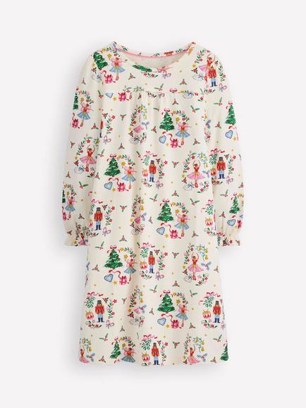 Mini Boden Kids' Printed Long Sleeve Nightdress, Ivory Nutcracker, Ivory Nutcracker