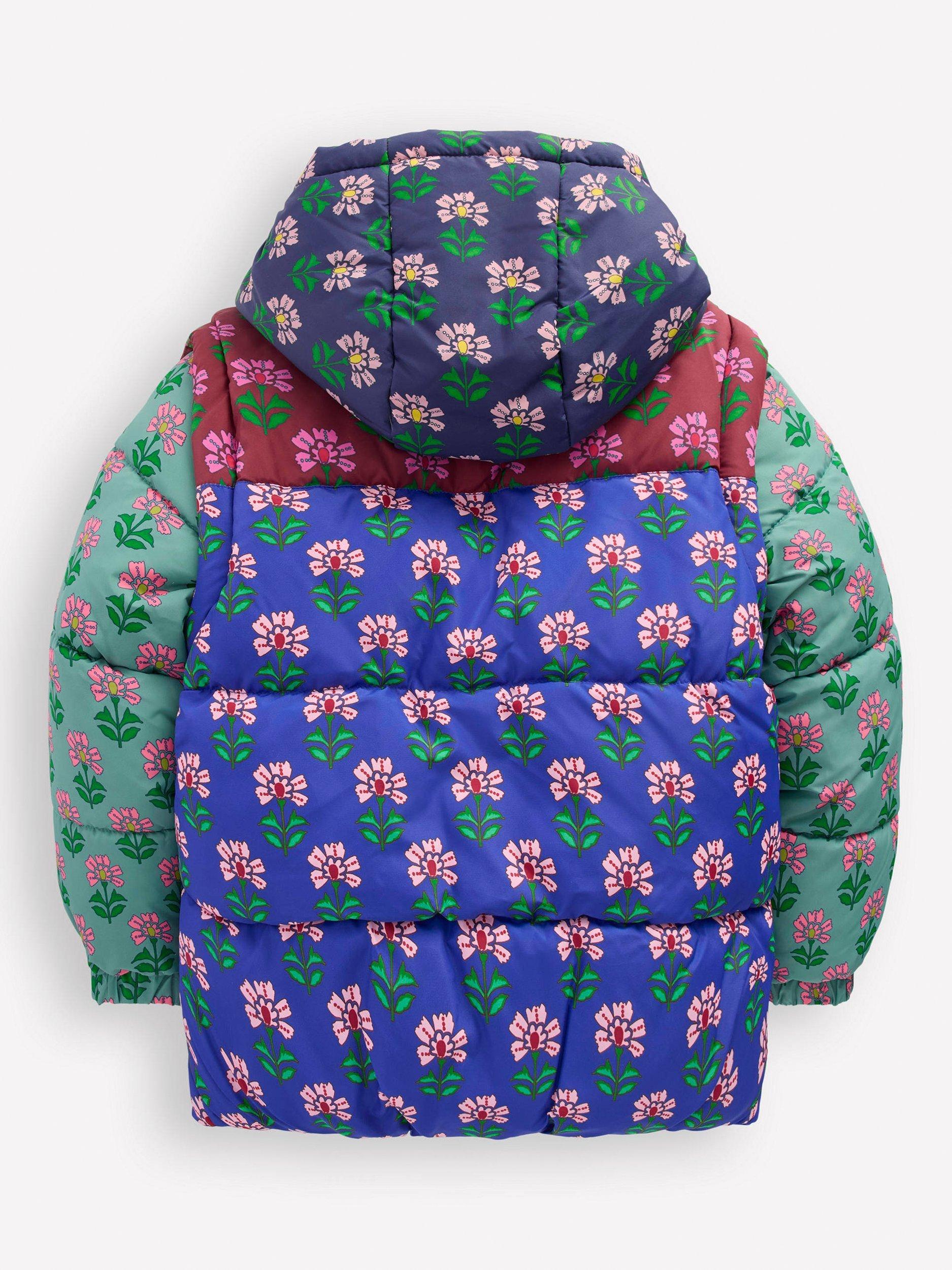 Product image 2 of 5, which shows Mini Boden Colour Block Floral  2-in-1 Padded Coat, Multi Flower, 3-4 years