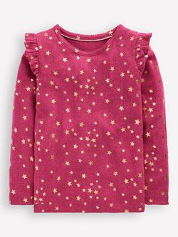 Mini Boden Kids' Star Print Frill Sleeve T-Shirt, Cherry Jam, Cherry Jam