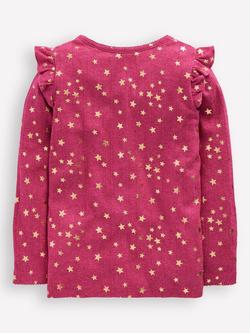 Mini Boden Kids' Star Print Frill Sleeve T-Shirt, Cherry Jam - view 2, Cherry Jam