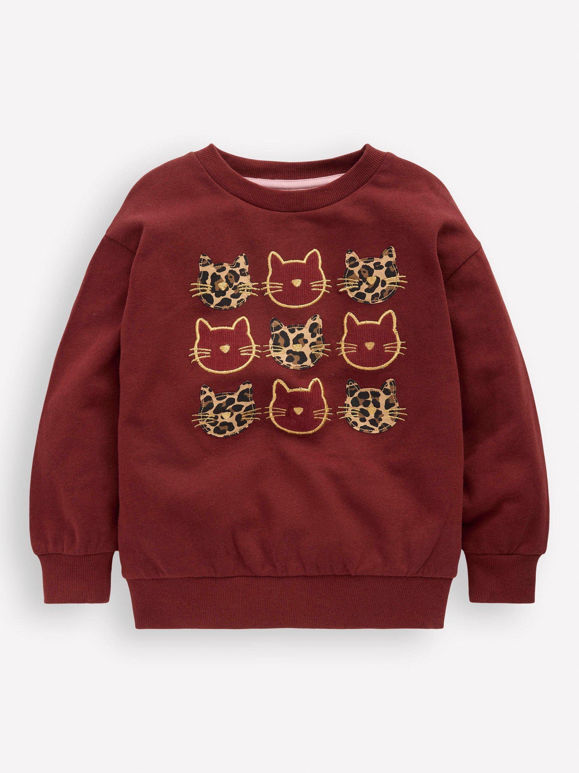 Product image 1 of 3, which shows Mini Boden Kids' Bobbie Applique Sweatshirt, Chestnut Cats, 10-11 years