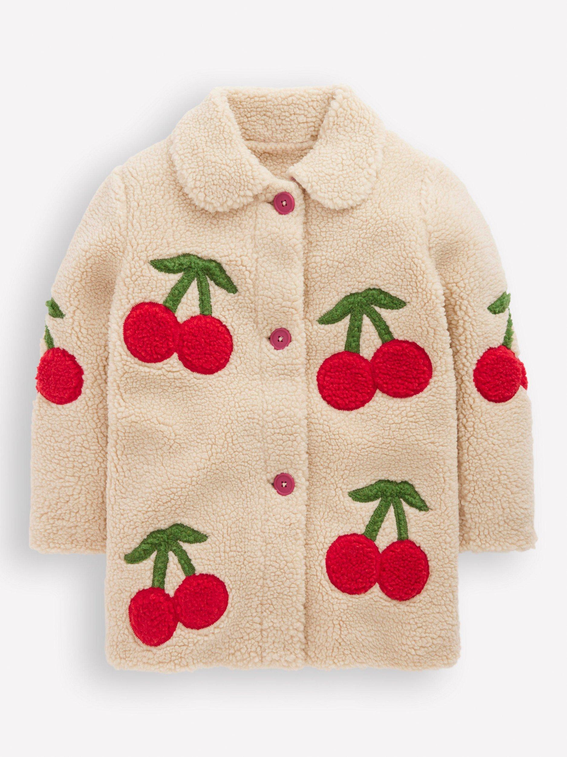 Product image 1 of 3, which shows Mini Boden Kids' Borg Coat, Cherry Applique, 6-7 years