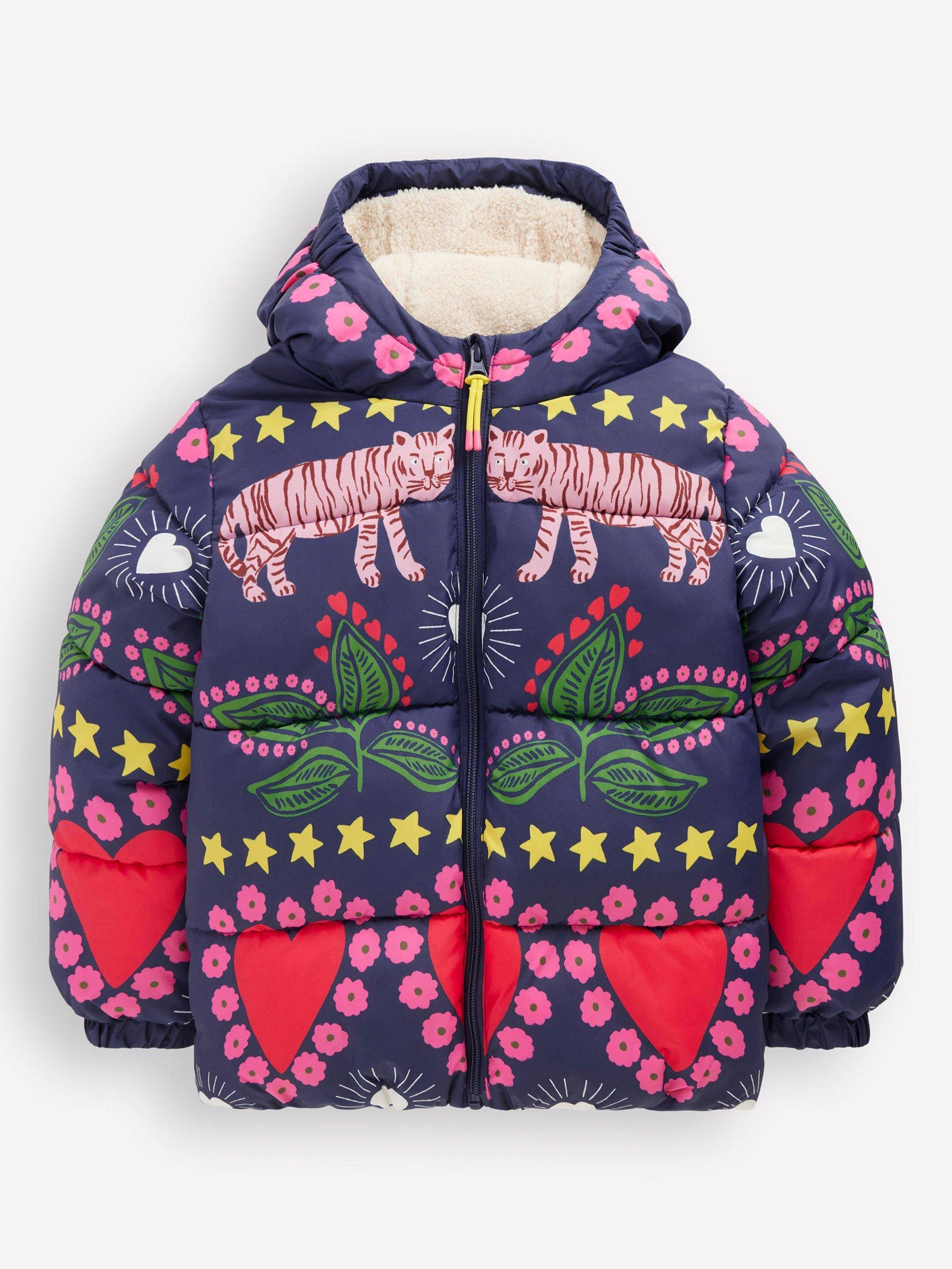 Product image 1 of 5, which shows Mini Boden Kids' Fun Padded Coat , Navy Tiger Stripe, 3-4 years