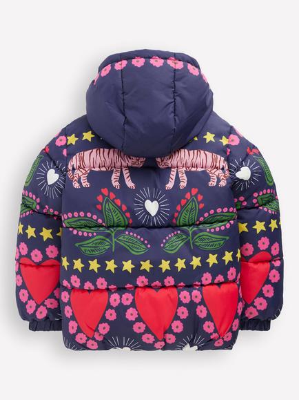 Mini Boden Kids' Fun Padded Coat, Navy Tiger Stripe - view 2, Navy Tiger Stripe