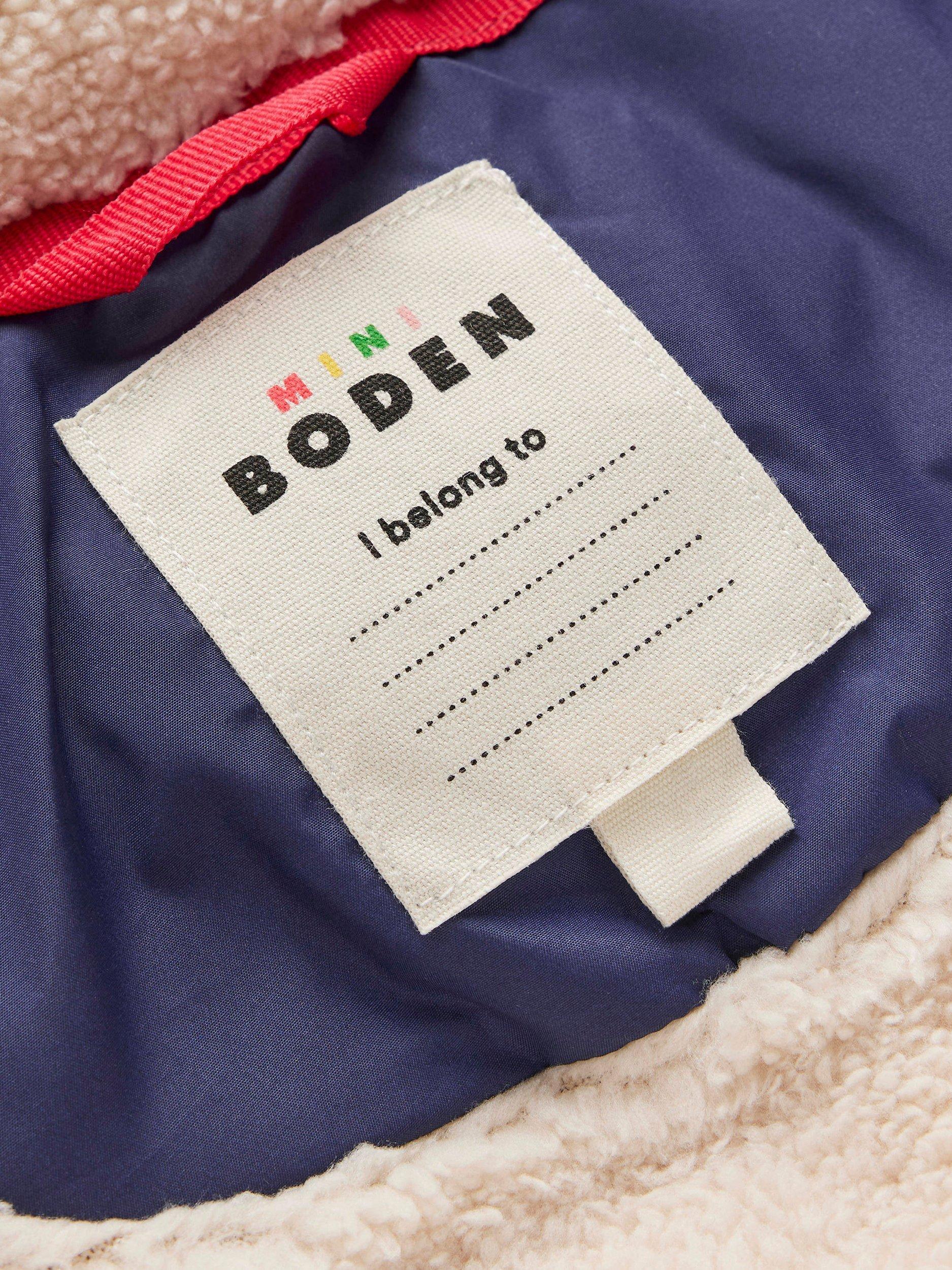 Product image 4 of 5, which shows Mini Boden Kids' Fun Padded Coat , Navy Tiger Stripe, 3-4 years