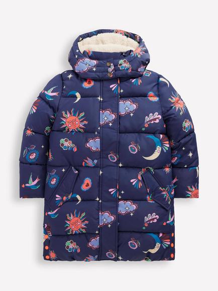 Mini Boden Kids' Longline Padded Coat, Navy Spaced Paisley, Navy Spaced Paisley