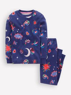 Mini Boden Kids' Cotton Glow-in-the-Dark Snug Pyjama Set, Blue Celestial, Blue Celestial