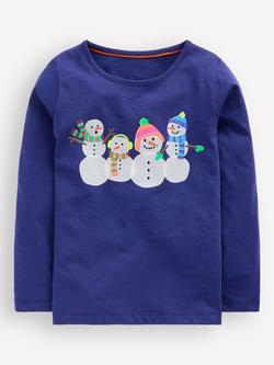 Mini Boden Kids' Riso Cotton Graphic Long Sleeve T-Shirt, Blue Snowmen, Blue Snowmen