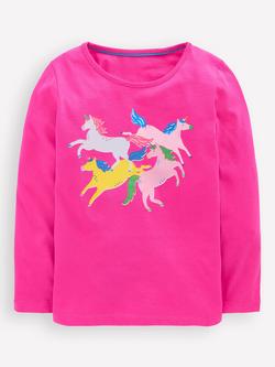 Mini Boden Kids' Riso Cotton Graphic Long Sleeve T-Shirt, Pink Unicorns, Pink Unicorns